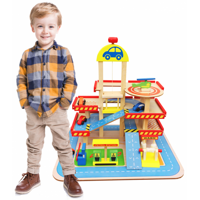 Dodo Toys Houten Speelgoed Garage - Met Lift - Hout Parkeergarage - Set met auto's en wasstraat