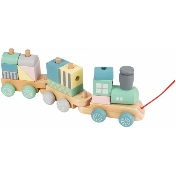 Mamabrum Houten Trein Pastel - met Wagon en Blokken - 2 Wagonnetjes