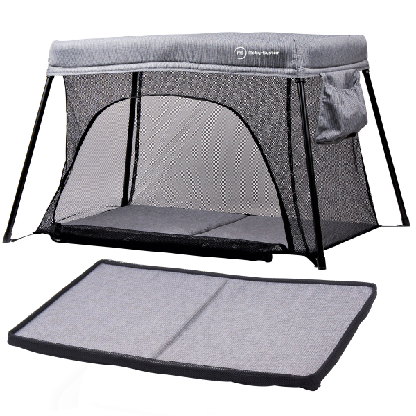 Moby System - Campingbedje met matras - Reisbedje - Grijs - Box - Transporttas - Opvouwbaar