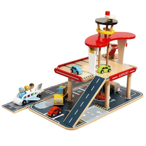 Mamabrum Houten Speelgoed Vliegveld / Garage - Set met Vliegtuig Helicopter en Auto's