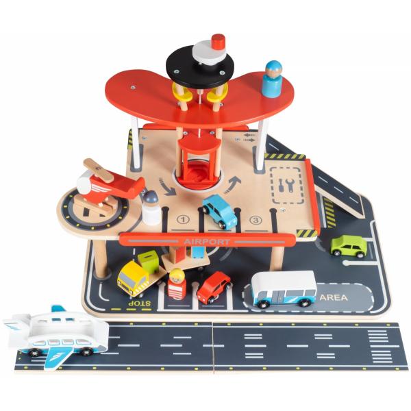 Mamabrum Houten Speelgoed Vliegveld / Garage - Set met Vliegtuig Helicopter en Auto's
